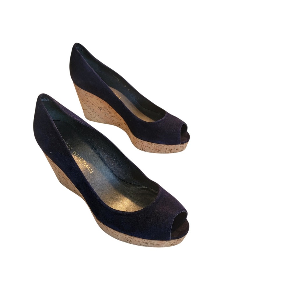 Stuart Weitzman Anna Peep Toe Wedges W sz 9, Navy Blue Suede Cork Platform Pumps - Picture 4 of 8